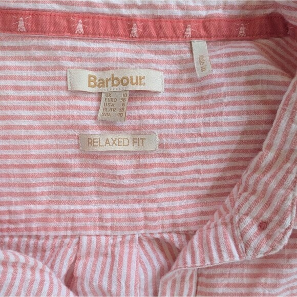 Barbour Cotton Linen Women's Long Sleeve Button Up Shirt Pink Red Striped 6 - Picture 2 of 6